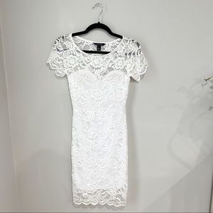 White Short Sleeve Lace Fitted Midi Wedding Dress